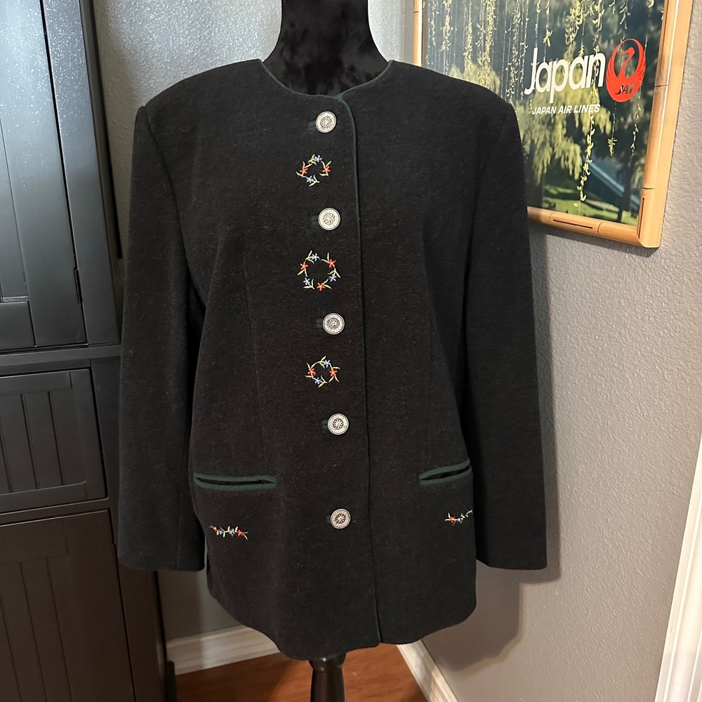 Marlene Trachten Jacket Women Size 12 Black Wool Blend Embroidered Tyrolean